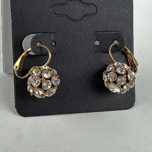 Crystal Ball Earrings Pave Rhinestone Orb Antique Gold Tone Leverback Drop Studs
